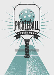 Naklejka premium Pickleball Tournament typographical vintage grunge style poster design. Retro vector illustration.