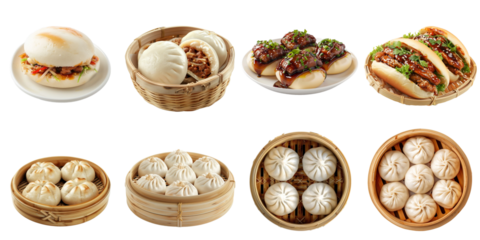 Stream barbecue pork bun png collection set no background for decoration.