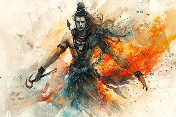 This enchanting watercolor illustration captures Lord Shiva's transcendental nature, featuring him in meditation with symbols like the trident and Ganga, radiating spiritual energy and wisdom - obrazy, fototapety, plakaty