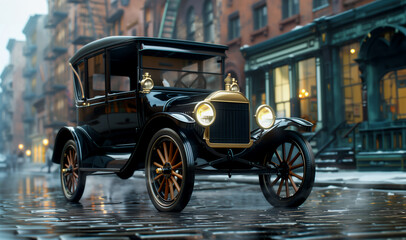 Vintage black car on a wet cobblestone street with city buildings in the background. Realistic 3D render with historical vehicle. Classic automotive concept for poster, wallpaper.. - obrazy, fototapety, plakaty