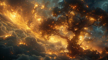 A huge tree of life made of light, glowing with golden energy and surrounded by clouds in space.