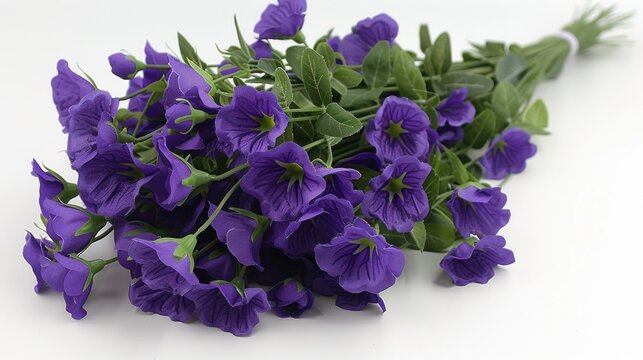 a close up of a bunch of purple flowers on a white surface with a green leafy stalk in the middle of the picture.