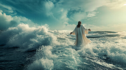 Jesus commanding peace to the winds and waves, instilling faith and tranquility in His followers, with copy space - obrazy, fototapety, plakaty