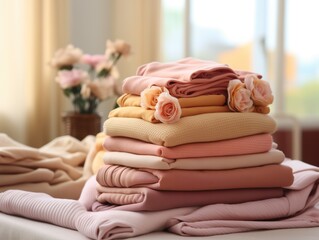 Stack of colorful pastel colors home linen close up