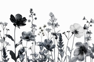 Monochrome botanical floral pattern with various flowers. A seamless, elegant black and white floral pattern featuring assorted blooming flowers and foliage, perfect for a variety of design uses. - obrazy, fototapety, plakaty
