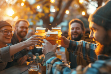 Alemania Beer Gleams in a Joyous Toast: Friends Gather, Twinkling Lights, Warm Smiles, Evening Cheers, Shared Stories, Golden Moments - obrazy, fototapety, plakaty