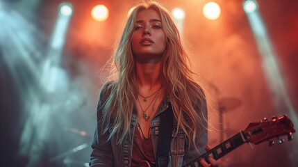 a young gorgeous female musician woman guitarist with long hair performing a show on stage at a...