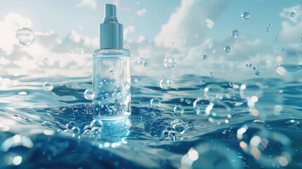 Oceanic Beauty Concept, Bottle of Care Product Engulfed in Sea Foam and Light