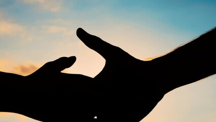 Close up view: man and woman silhouettes are shaking hands against the sunrise or sunset sky - friendly handshake: sun lens flares. Meeting, greeting, agreement and friendship concept