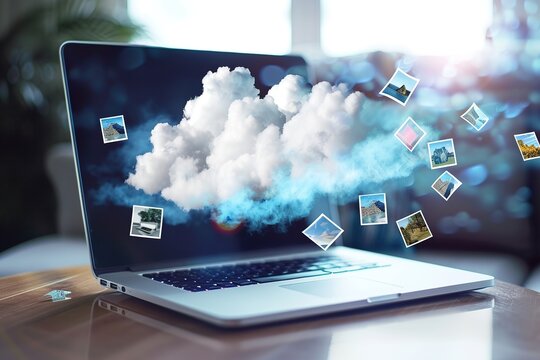Cloud computing concept, with photos floating around laptop