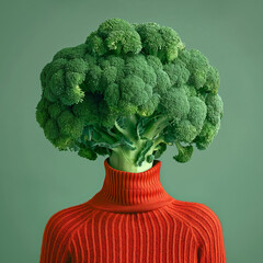 Person with broccoli head wearing a red turtleneck