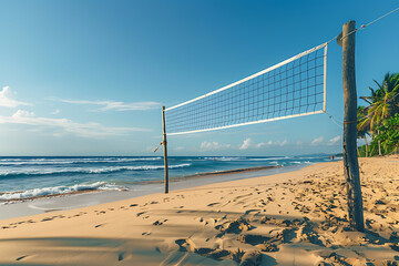 Volleyball Net on Sandy Beach by Ocean