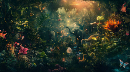 Fototapeta na wymiar The moment of creation and innocence, depicted with a surreal, vibrant garden full of exotic, otherworldly plants and animals, with copy space