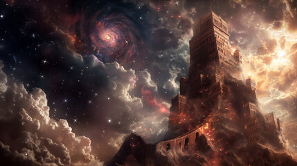The Tower of Babel stretching into the cosmos, symbolizing humanity's ambition and the divine response, with celestial bodies and nebulae swirling around, with copy space