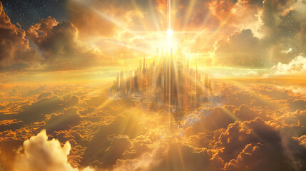 The holy city descending from the heavens, depicted with futuristic architecture and radiant with divine light, set against a backdrop of a new heaven and a new earth, with copy space