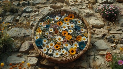 a basket filled with lots of flowers sitting on top of a stone wall next to a bunch of wildflowers.