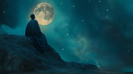 Joseph’s dream visualized with his family represented by celestial bodies in the night sky, foretelling his future, with copy space