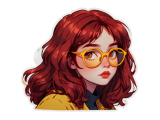 Beautiful cartoon anime girl with dark red hair and yellow glasses sticker with white border