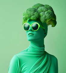 Character with broccoli headpiece and green sunglasses on a matching background - obrazy, fototapety, plakaty