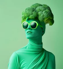Fensteraufkleber Character with broccoli headpiece and green sunglasses on a matching background © ChaoticDesignStudio