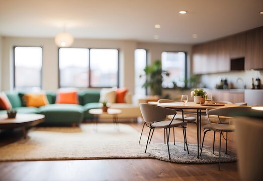 Blurred image of apartment lounge, generative AI