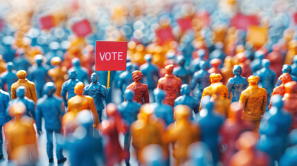 Obraz premium A sea of colorful figurines with one holding a vote sign. Representation of community involvement in voting. Concept of elections, the power of the individual, democracy, and collective action.