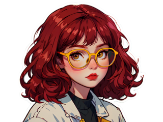 Beautiful cartoon anime girl with dark red hair and yellow glasses sticker with white border