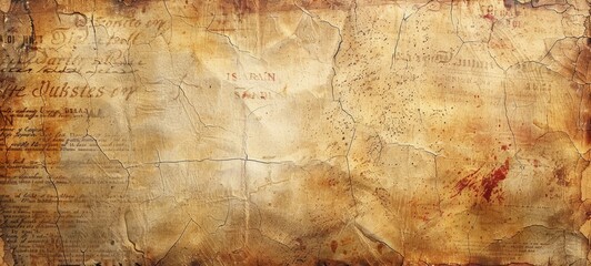 Old newspaper textured backdrop. Vintage aged paper. Layered ancient documents with burn marks and stains. Concept of overlay template, old documents, antiquity, and vintage aesthetic. Background