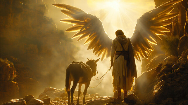 The Angel and Balaam&rsquo;s Donkey: The angel of the Lord standing before Balaam and his donkey, set on a celestial path illuminated by divine light, with copy space