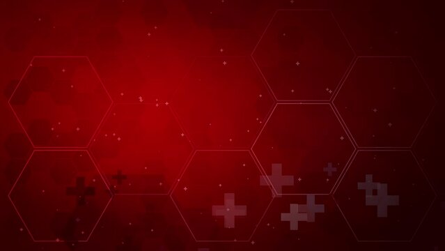 Dark red hexagonal and healthcare loop background. Actively moving medical crosses. Copy space.