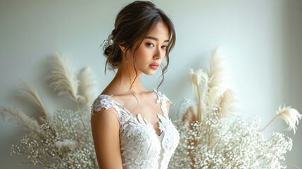Beautiful young bride in a white lace wedding gown. Tender woman. Concept of bridal beauty, elegance, feminine grace, and the start of a matrimonial journey. Close up - obrazy, fototapety, plakaty