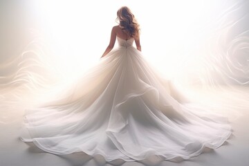 Bride in a flowing white wedding dress with a sparkling effect. Back view of a beautiful lady. Concept of bridal beauty, magical moments, and dream weddings.