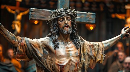 Crucified Jesus Christ, carved in wood. Sculpture of Christ on the cross. Concept of Easter, divinity, faith, crucifixion, redemption, resurrection, religious, Christian beliefs - obrazy, fototapety, plakaty