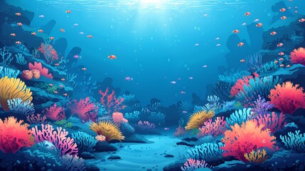 Fototapeta na wymiar Vibrant coral reef in ocean waters. Colorful corals. Concept of marine life, underwater biodiversity, tropical ecosystem, and natural aquarium. Digital illustration, art
