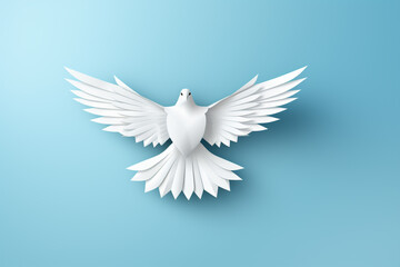 Fototapeta premium White paper origami bird on blue background сreated with Generative Ai