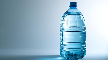 Large water bottle with blue hues on a light background. Banner with copy space. Concept of hydration, health and wellness, and purified water.