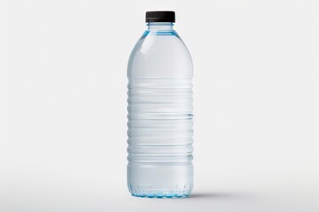 Transparent water bottle with black lid, portable. White background. Concept of individual hydration, eco-friendly drinking option, and on-the-go lifestyle.