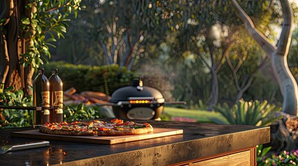 a sleek Webber grill sizzles with the aroma of pizza being expertly cooked in a picturesque park setting, evoking the ambiance of outdoor culinary delight and camaraderie