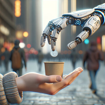 Robot hand dropping a coin into a cup held by a human hand on the street