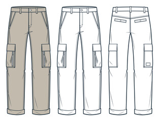 Cargo Pants technical fashion Illustration. Denim Pants fashion flat technical drawing template, pockets, front and back view, white, beige, women, men, unisex CAD mockup set.