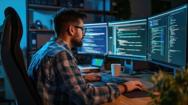 A software developer works on code late into the night, illuminated by the glow of multiple computer screens in a modern office. AIG41
