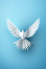 White paper origami bird on blue background. World Day of Peace banner space for Text сreated with Generative Ai