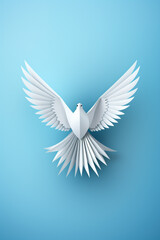 Fototapeta premium White paper origami bird on blue background. World Day of Peace banner space for Text сreated with Generative Ai