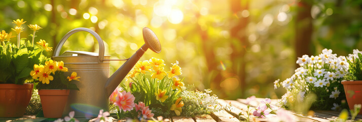 Watering can and Flowerpots In Sunny Garden - AI Generated - obrazy, fototapety, plakaty
