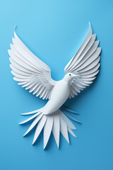 Obraz premium White paper origami bird on blue background. World Day of Peace banner space for Text сreated with Generative Ai