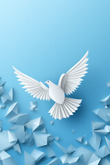 White paper origami bird on blue background. World Day of Peace banner space for Text сreated with Generative Ai