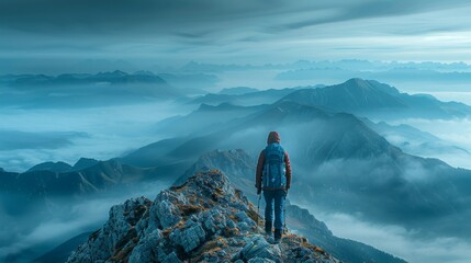 A lone hiker reaching the summit of a mountain, pausing to look out over the expansive view below, with layers of mountains fading into the distance and the early morning fog lifting - obrazy, fototapety, plakaty