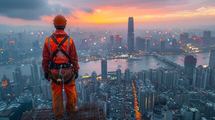 A lone construction worker takes a brief moment to survey the sprawling cityscape from the roof of...