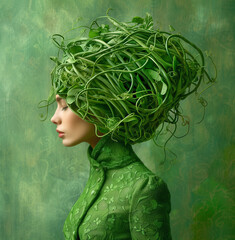 Side profile of a woman with a headdress made of green pea shoots