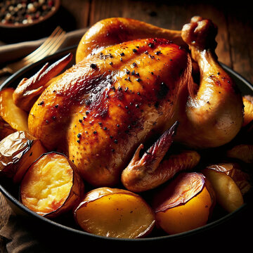 Close-up image of a whole roasted chicken.